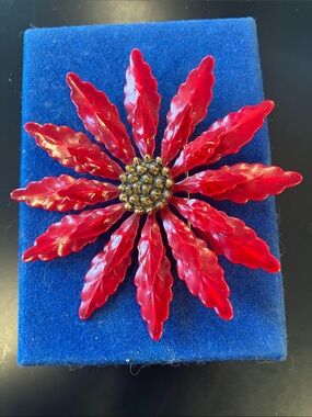 Vintage MCM Red Floral Brooch with Gold Center